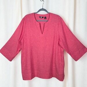 Lands' End Women Tunic Top XL Pink 100%‎ Linen V-Neck 3/4 Sleeve Lagenlok Boho